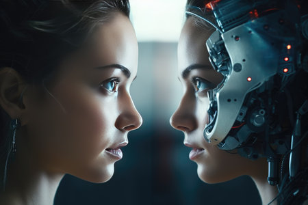 Women opposite AI. The concept of confrontation between ai robot, The concept of confrontation between humanity and artificial intelligence ,Ai generatedの素材