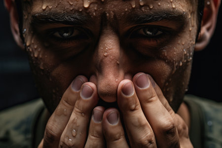 Fear of the military, horror in the eyes of a man, fear of war, Portrait of an Army with a dirty face in the forest. Ai generatedの素材