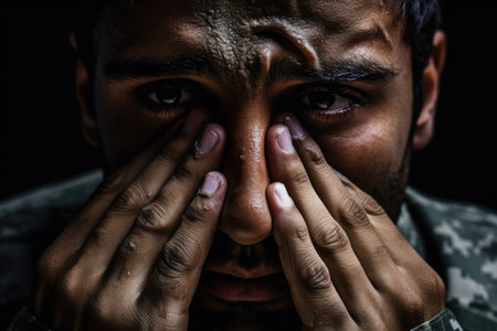 Fear of the military, horror in the eyes of a man, fear of war, Portrait of an Army with a dirty face in the forest. Ai generatedの素材