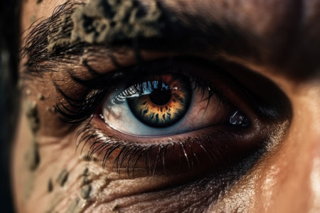 Fear of the military, horror in the eyes of a man, fear of war, Portrait of an Army with a dirty face in the forest. Ai generatedの素材