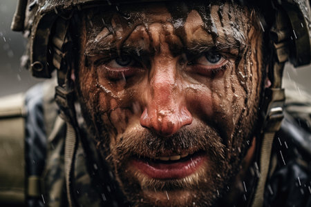 Fear of the military, horror in the eyes of a man, fear of war, Portrait of an Army with a dirty face in the forest. Ai generatedの素材