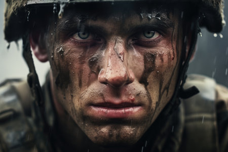 Fear of the military, horror in the eyes of a man, fear of war, Portrait of an Army with a dirty face in the forest. Ai generatedの素材