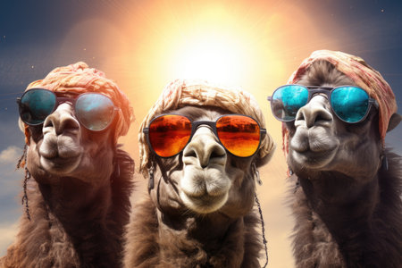 Three camels face wearing sunglasses, Camel wearing sunglasses against blue sky with clouds. 3d rendering. Ai generatedの素材