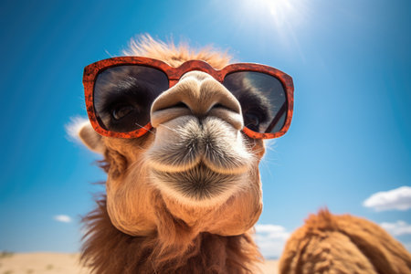 Camels face wearing sunglasses, Camel wearing sunglasses against blue sky with clouds. 3d rendering. Ai generatedの素材