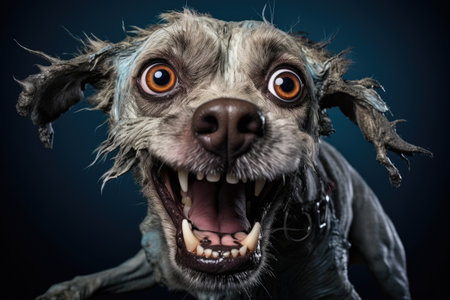 Studio shot of a funny face dog on an isolated background, a Pet dog looking at camera, front view portrait, one animal. Pet care and animals concept. Ai generatedの素材