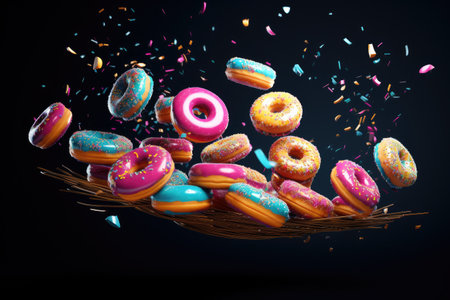 Flying donuts. Mix of multicolored doughnuts, flying doughnuts scene mix of multicolored sweet donuts. Ai generatedの素材