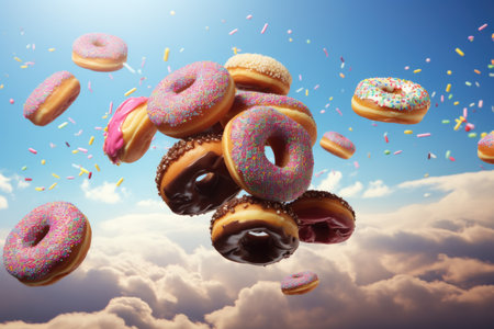 Flying donuts. Mix of multicolored doughnuts, flying doughnuts scene mix of multicolored sweet donuts. Ai generatedの素材