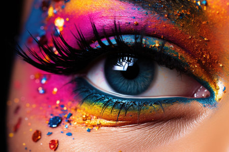 Close up micro picture of a person's eye with color decoration. Ai generatedの素材