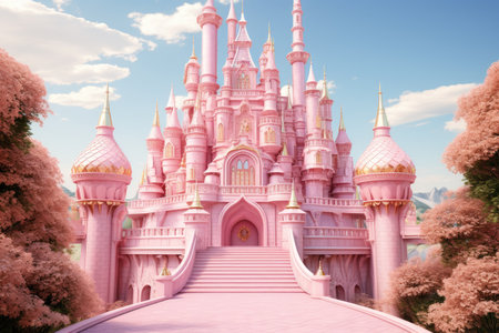 Princess castle in a fairytale style, a wonderful cute princess castle in a fairytale style, pink design. Ai generatedの素材