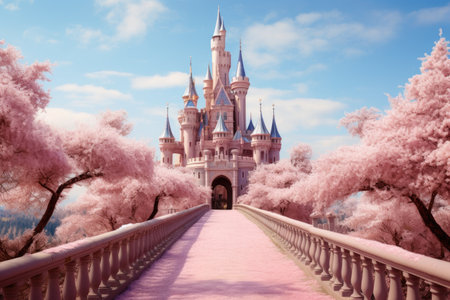 A wonderful cute princess castle in a fairytale style, a wonderful cute princess castle in a fairytale style, pink design. Ai generatedの素材