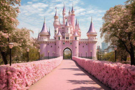 A wonderful cute princess castle in a fairytale style, a wonderful cute princess castle in a fairytale style, pink design. Ai generatedの素材