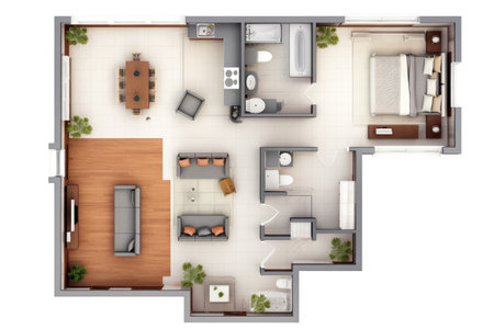 Detailed illustration of a furnished lived in single family home floor plan from above isolated on a white background, Decorated single family . Ai generatedの素材