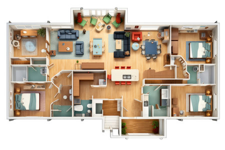 Detailed illustration of a furnished lived in single family home floor plan from above isolated on a white background, Decorated single family . Ai generatedの素材