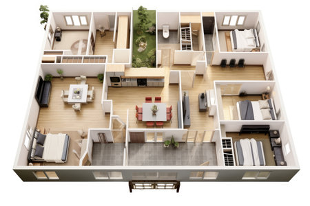 Detailed illustration of a furnished lived in single family home floor plan from above isolated on a white background, Decorated single family . Ai generatedの素材