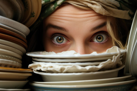 Close up woman's face peeking through a pile of dirty dishesの素材