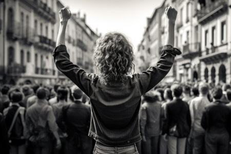 Peaceful Demonstration on the streets of the city, young adult people, protesting or riot, women crowds of people in a tight crowd, Ai generatedの素材