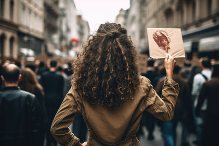 Peaceful Demonstration on the streets of the city, young adult people, protesting or riot, women crowds of people in a tight crowd, Ai generatedの素材