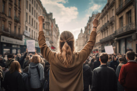 Peaceful Demonstration on the streets of the city, young adult people, protesting or riot, women crowds of people in a tight crowd, Ai generatedの素材