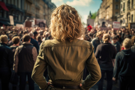 Peaceful Demonstration on the streets of the city, young adult people, protesting or riot, women crowds of people in a tight crowd, Ai generatedの素材