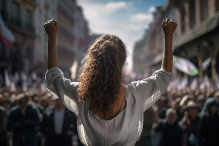 Peaceful Demonstration on the streets of the city, young adult people, protesting or riot, women crowds of people in a tight crowd, Ai generatedの素材