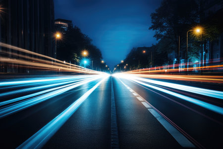 Abstract long exposure dynamic speed light in rural city road, Ai generatedの素材