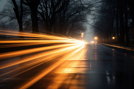 Abstract long exposure dynamic speed light in rural city road, Ai generatedの素材
