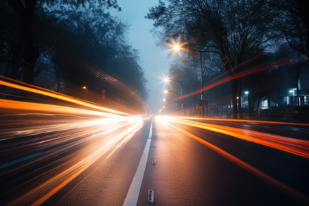 Abstract long exposure dynamic speed light in rural city road, Ai generatedの素材