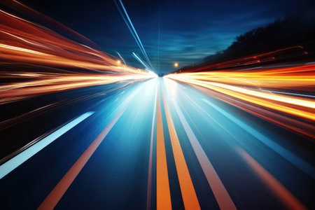 Abstract long exposure dynamic speed light in rural city road, Ai generatedの素材