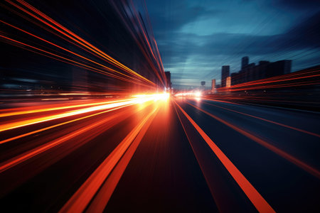 Abstract long exposure dynamic speed light in rural city road, Ai generatedの素材