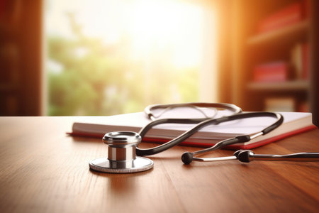 The stethoscope Lying on the desk. Healthcare Themes, Work space medical technology and healthy concept on modern table desk with a stethoscope, Ai generatedの素材