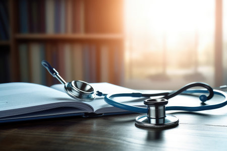 The stethoscope Lying on the desk. Healthcare Themes, Work space medical technology and healthy concept on modern table desk with a stethoscope, Ai generatedの素材