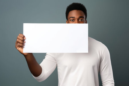 Holding a white piece of paper, holding a blank white piece of blank picture frame with both hands, AI generatedの素材