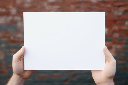 Holding a white piece of paper, holding a blank white piece of blank picture frame with both hands, AI generatedの素材