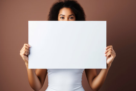 A woman holding a white piece of paper, holding a blank white piece of blank picture frame with both hands, AI generatedの素材