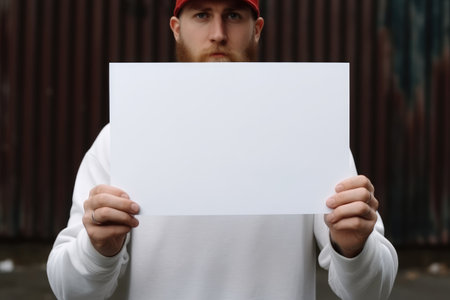 Holding a white piece of paper, holding a blank white piece of blank picture frame with both hands, AI generatedの素材