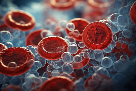 Red blood cells close-up. Abstract background. Macro photography. AI generatedの素材