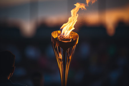 Burning fire on a metal stand on a black background. Close-up.Olympic flame, Ai generatedの素材