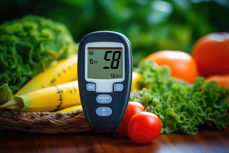 Glucose meter with result of measurement sugar level and fresh vegetables on table Glucometer with result of measurement sugar level. AI generateの素材