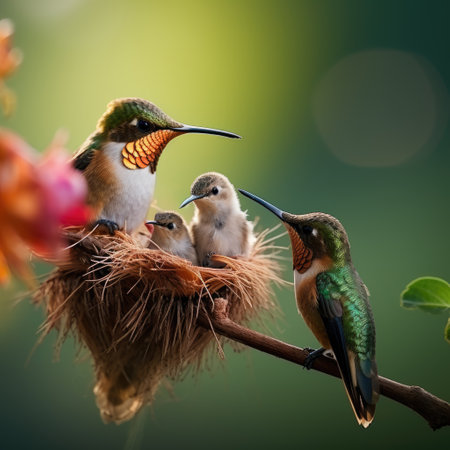 A Mother Hummingbird Feeding Her Babies ai generatedの素材