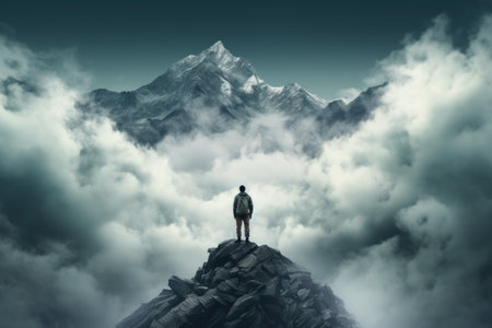 a man standing top of the mountain , AI generatedの素材
