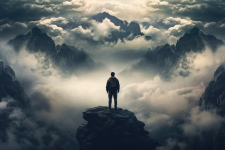 Man in red jacket standing on top of a mountain in the cloud, a man standing top of the mountain , AI generatedの素材