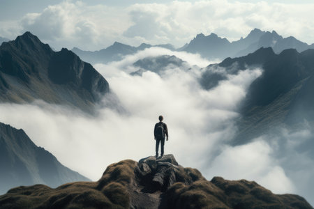 Man standing on the top of the mountain and looking at the valley, a man standing top of the mountain , AI generatedの素材