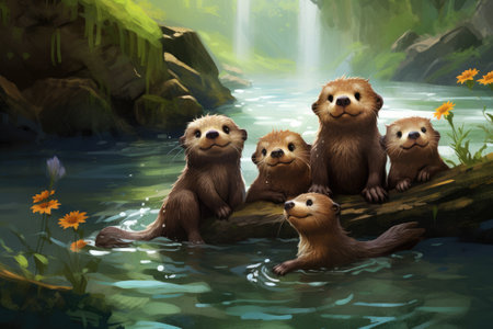Playful family of otters in a river, A family of playful otters sliding down a riverbank into the water, AI generatedの素材