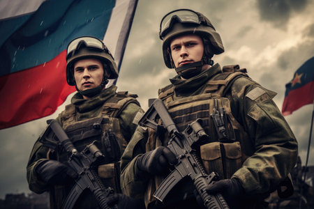 Russian Army soldier with flag ,Soldiers in military uniform with assault rifle and Russian flag on cloudy sky background, Ai generatedの素材