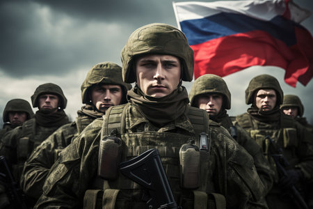Russian Army soldier with flag ,Soldiers in full gear on the background of the flag of Russia., Ai generatedの素材