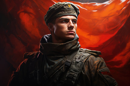 Russian Army soldier with flag ,Soldiers of the Russian army on the background of the Russian flag, Ai generatedの素材