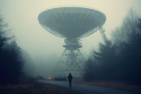 Huge radio telescope aimed directly into sky, The silhouette of a radio telescope in the desert at sunset. Toned. AI generatedの素材
