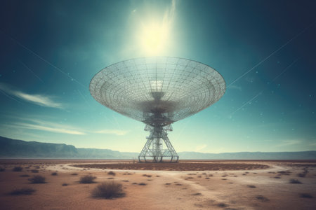 Huge radio telescope aimed directly into sky, Alien spaceship in the night sky. 3D rendering. Elements of this image furnished by NASA, AI generatedの素材
