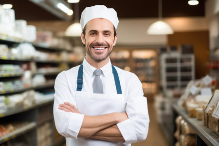 Happy attractive grocery store manager, AI generated, Portrait of smiling male barista standing with arms crossed in cafe,AI generatedの素材
