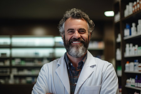 male Caucasian pharmacist stands in medical robe smiling, Portrait of mature male pharmacist standing with arms crossed in drugstore,AI generatedの素材
